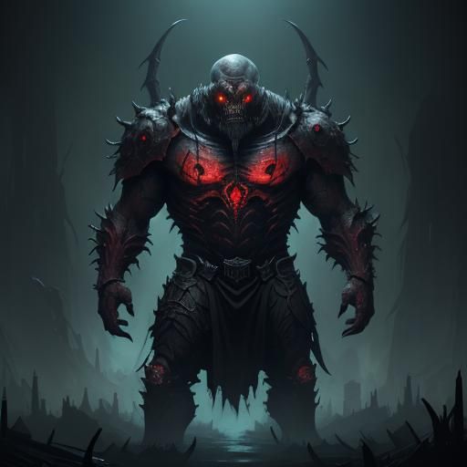 A Large ghoul with a large mouth and razer blades for teeth. eight arms and big red glowing eyes