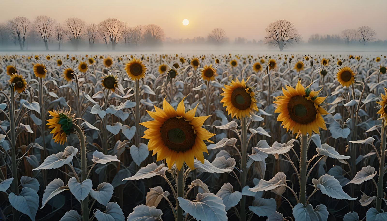 Winter Frost on Dead Sunflower Field