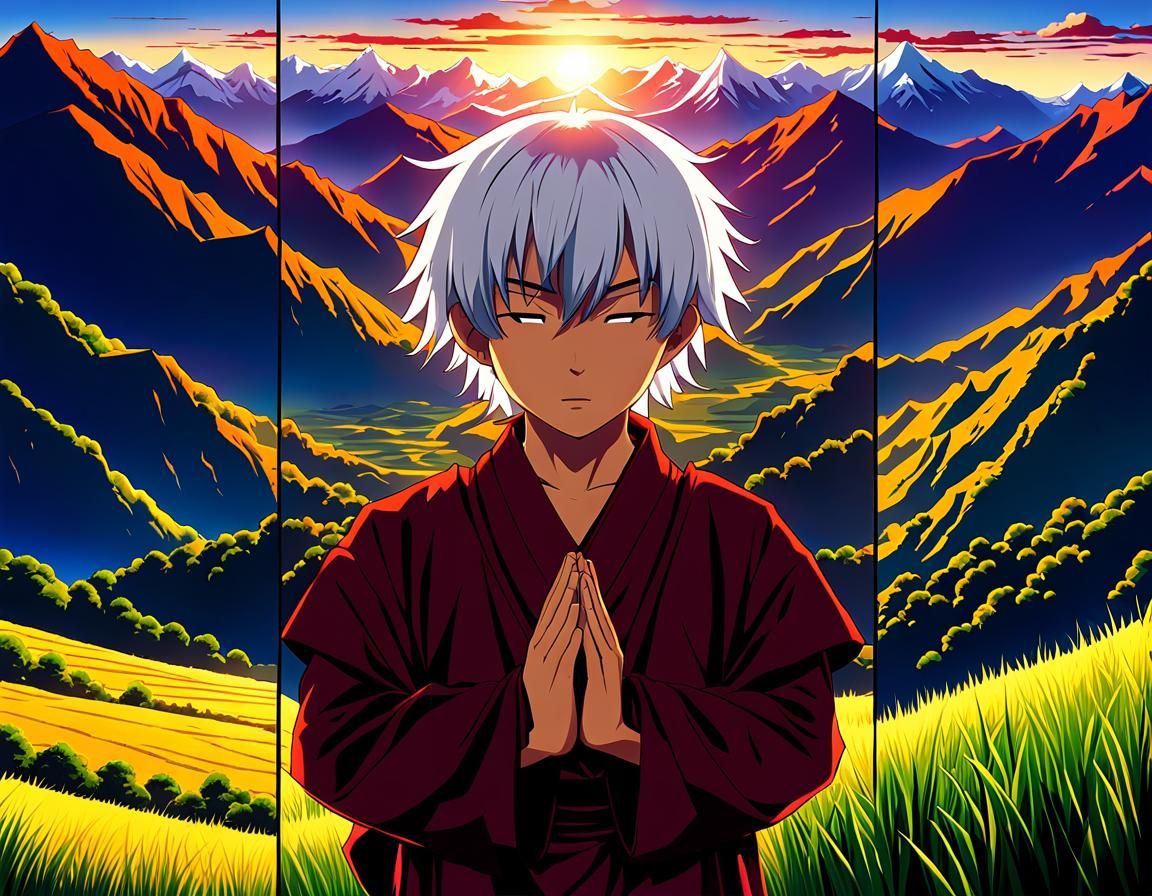 Bhutanese Monk in Himalayan Landscape, Anime Style