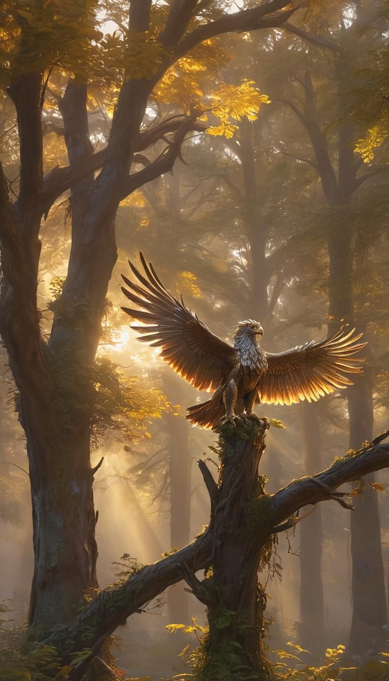 Golden Solar Griffin in Mystical Forest