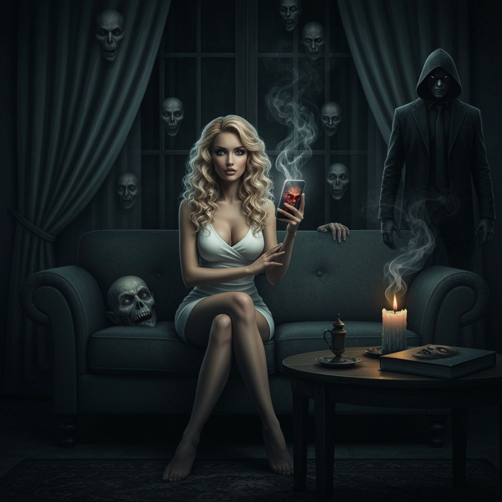 Dark Fantasy Horror: Woman with Demonic Phone
