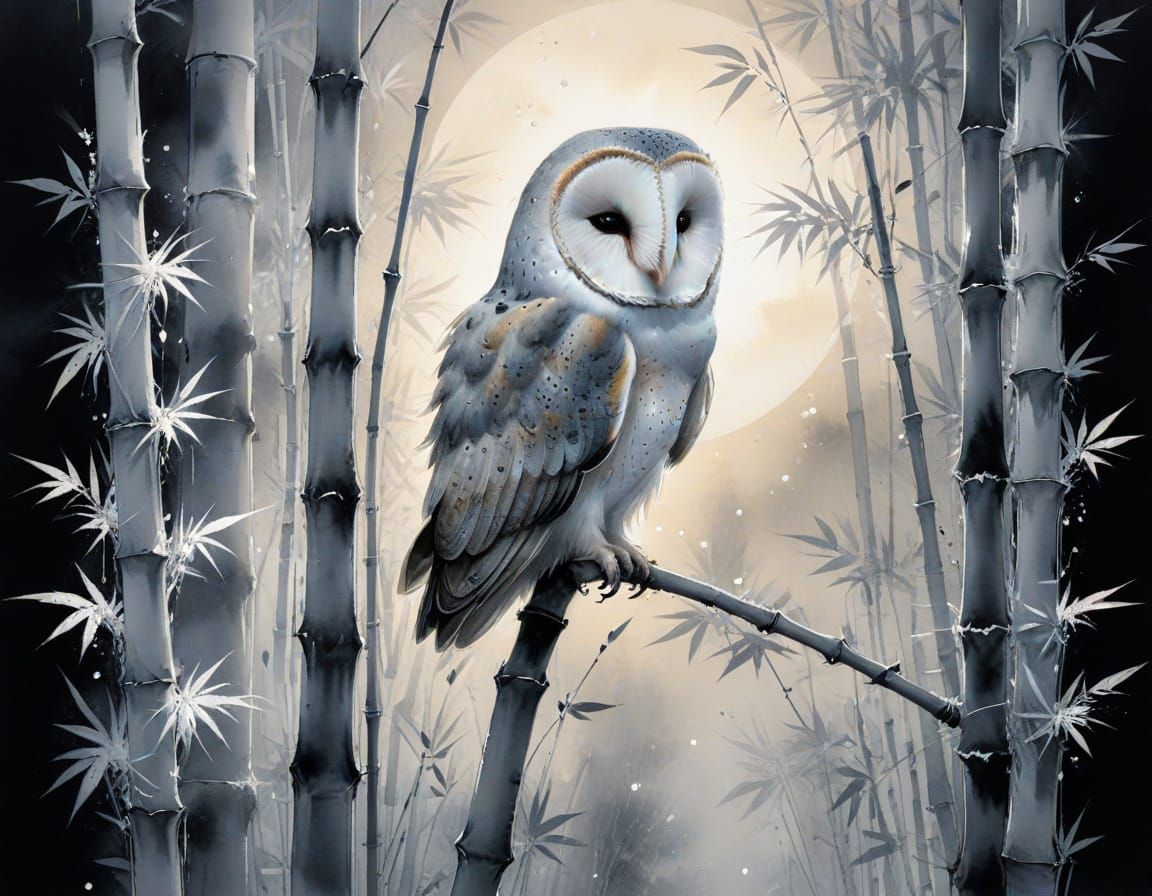 Barn Owl on Bamboo in Pre-Dawn Monochrome Ink Wash