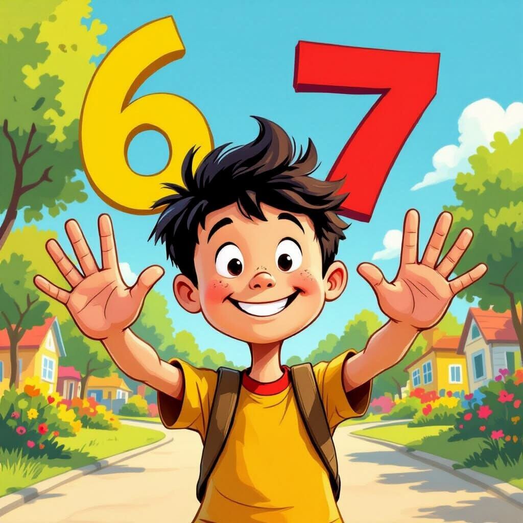 Boy Shows Number 67 in Energetic Children's Book Style