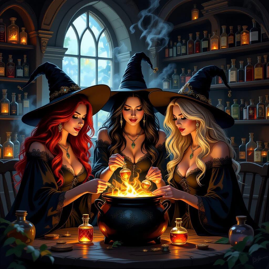 Witches Crafting Potions in Cozy Apothecary Oil Painting