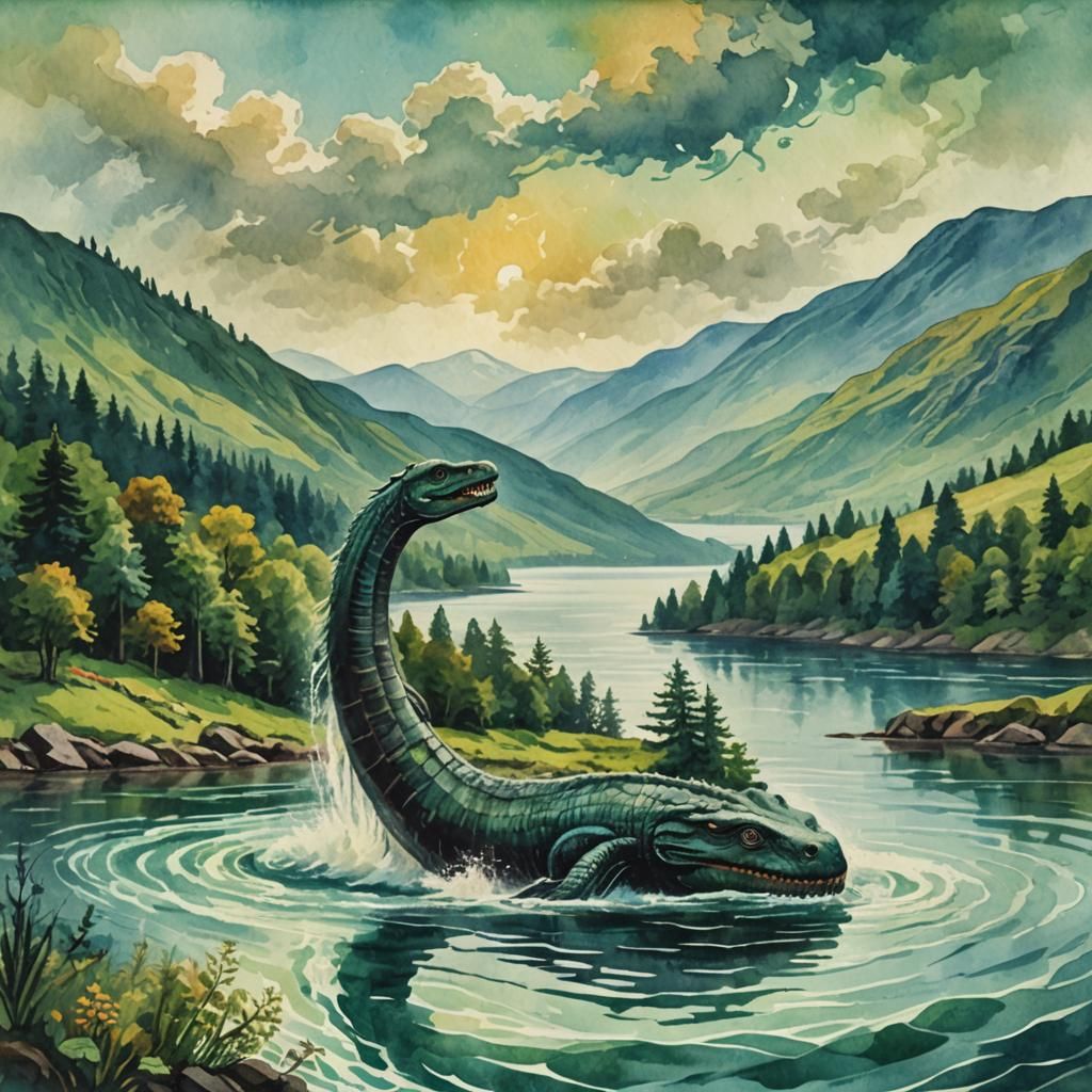 Loch Ness Monster in Gouache Style
