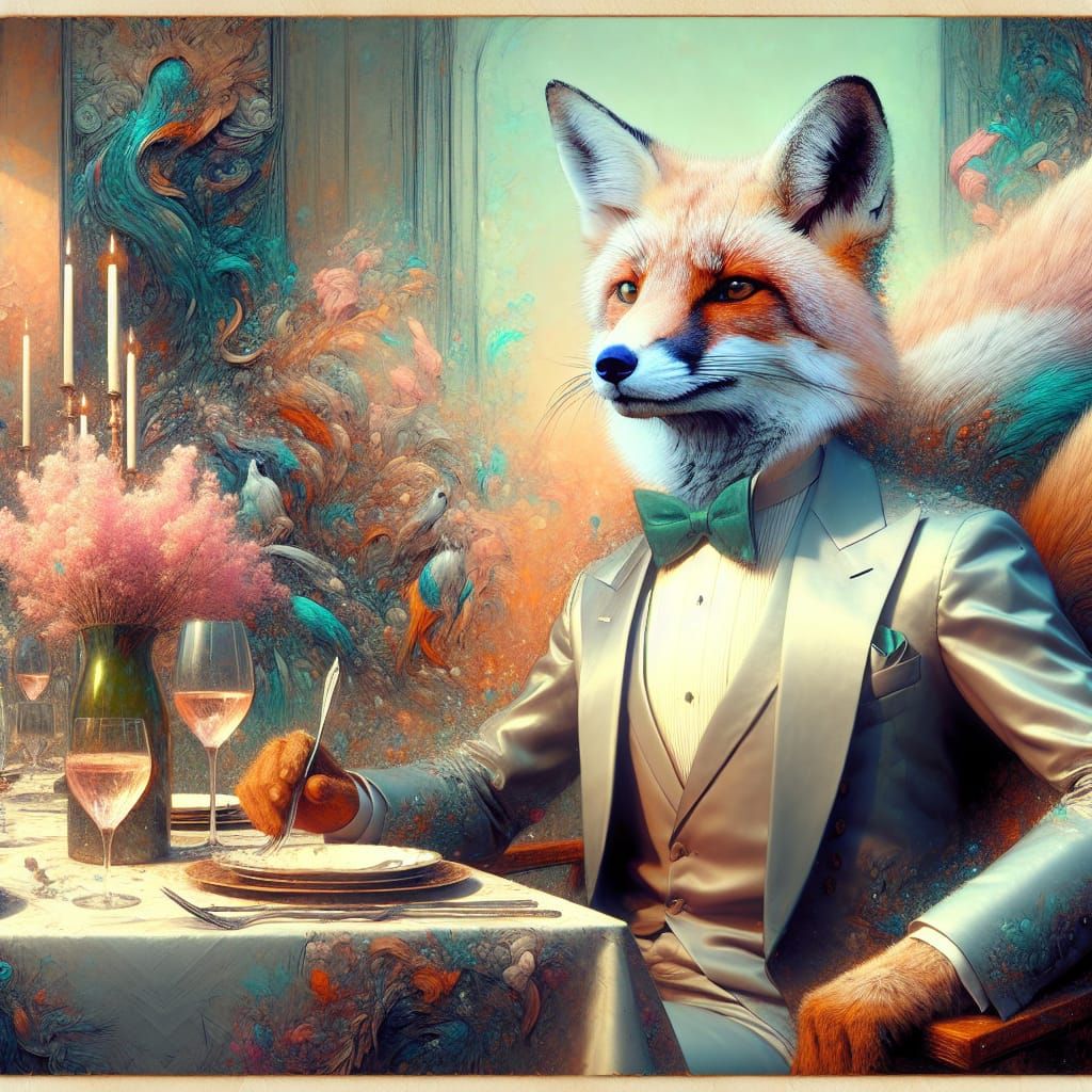 Sophisticated Fox in Whimsical Tuxedo Dinner Party Scene