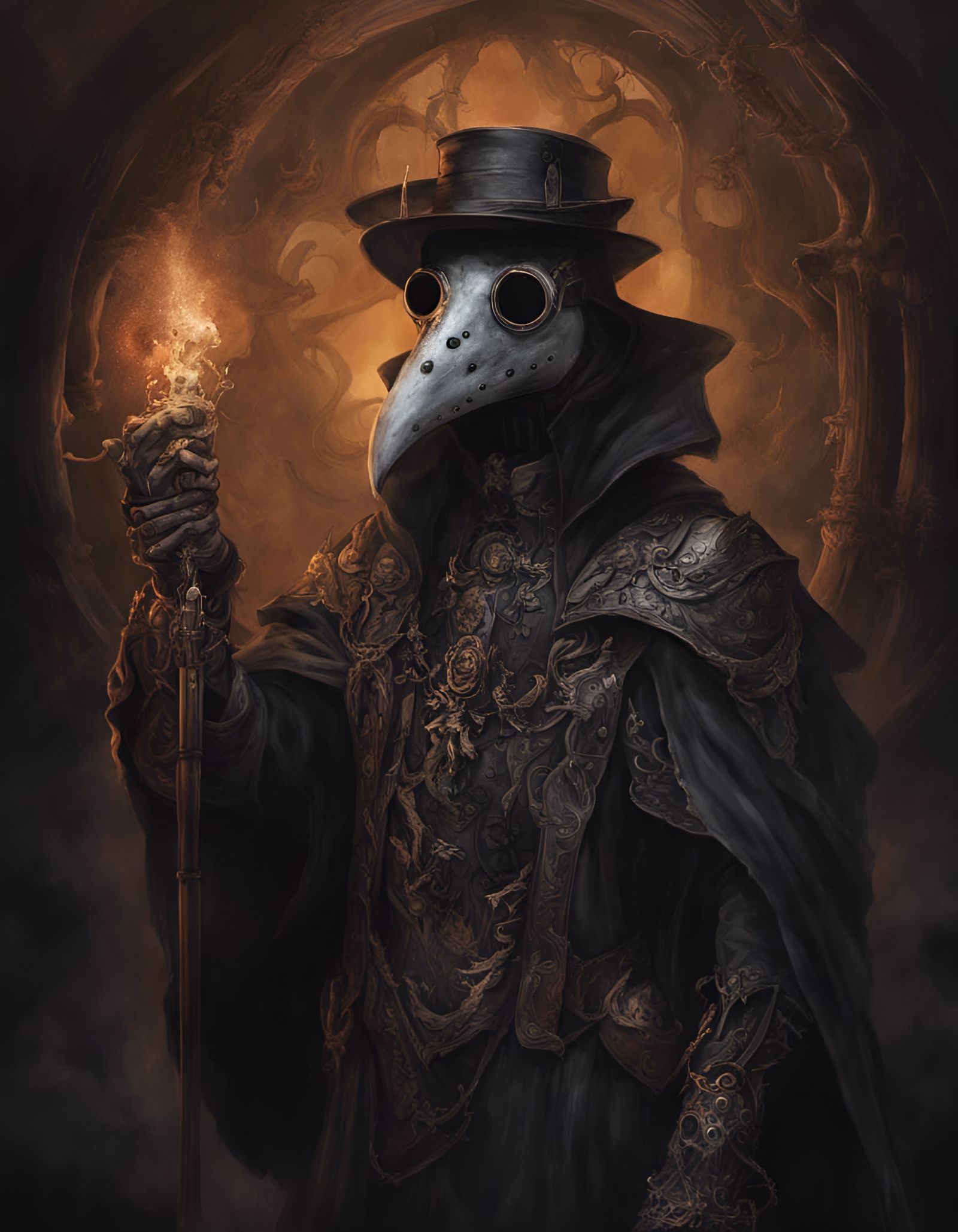 Eldritch Armor Clad Plague Doctor in Ominous Mist