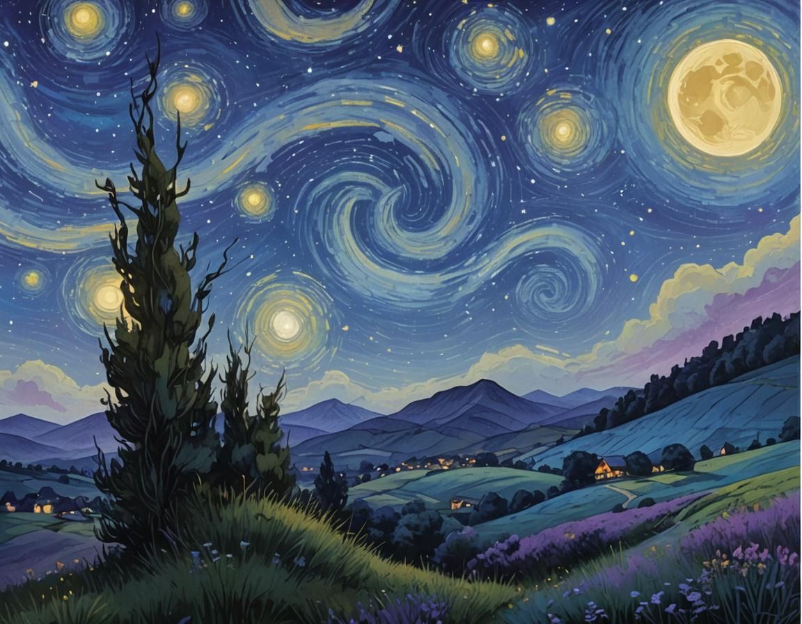 Serene Night Scene in Hyperrealistic Digital Landscape