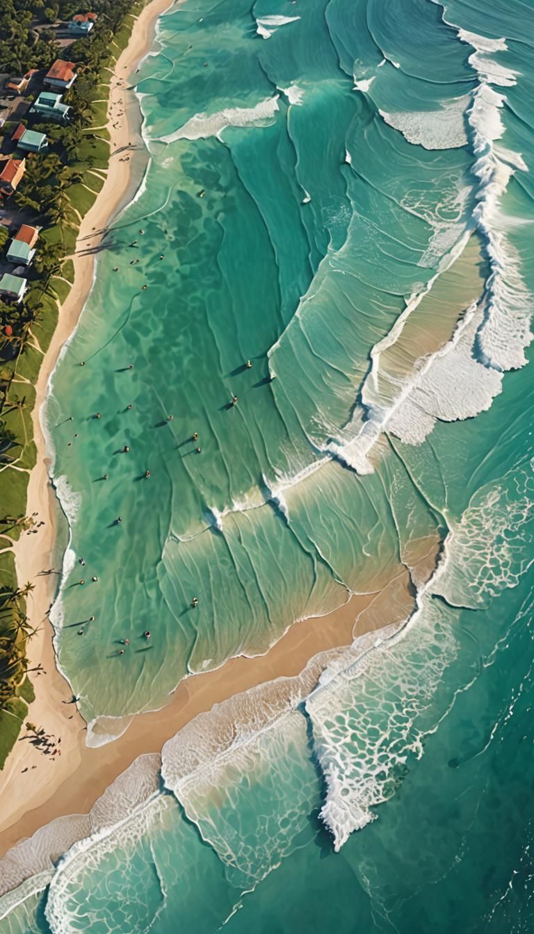 Jade Green Beach with Surfers: Aerial Concept Art