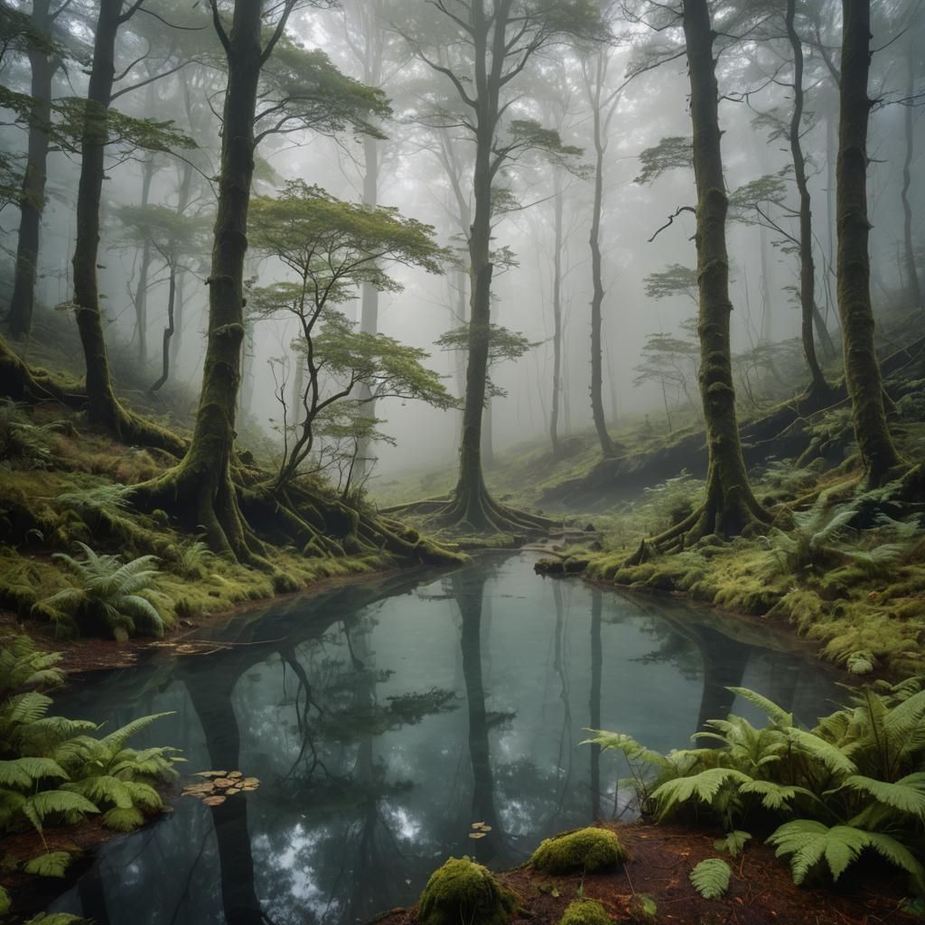 Mystical Pool Hidden in Misty Forest Glade