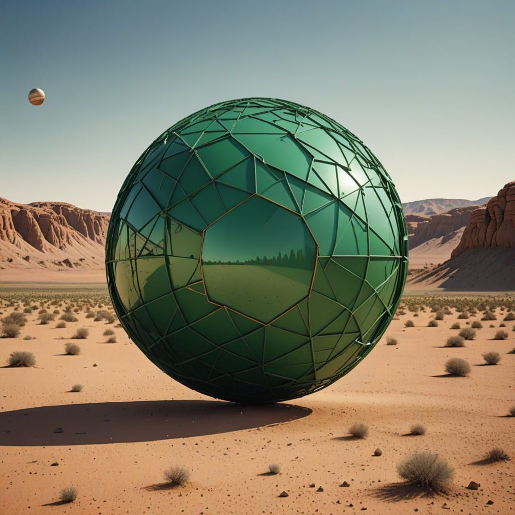 Surrealistic Landscape with a Giant Reversed Sphere in a Des...