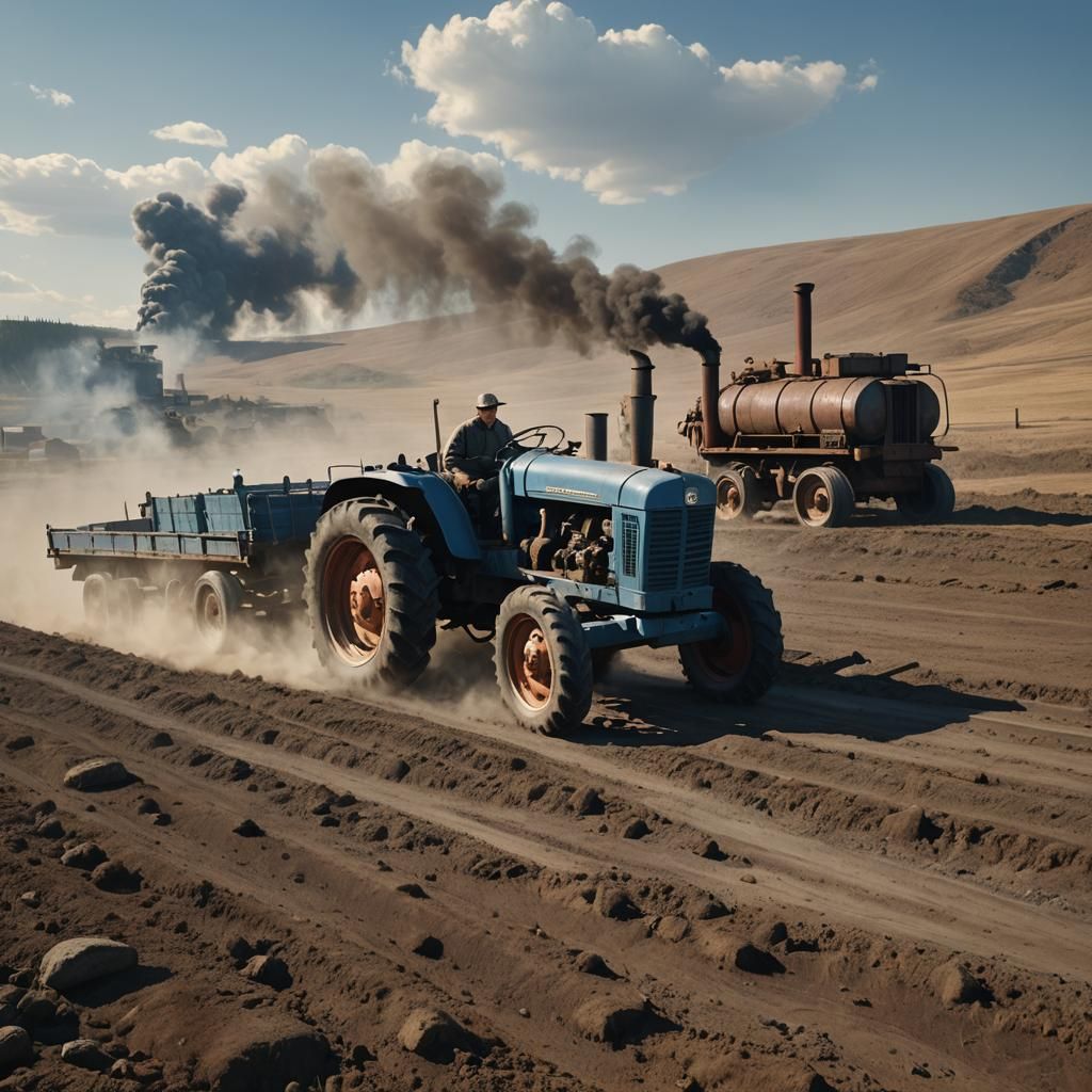 Old Blue Tractor on Soviet Landscape