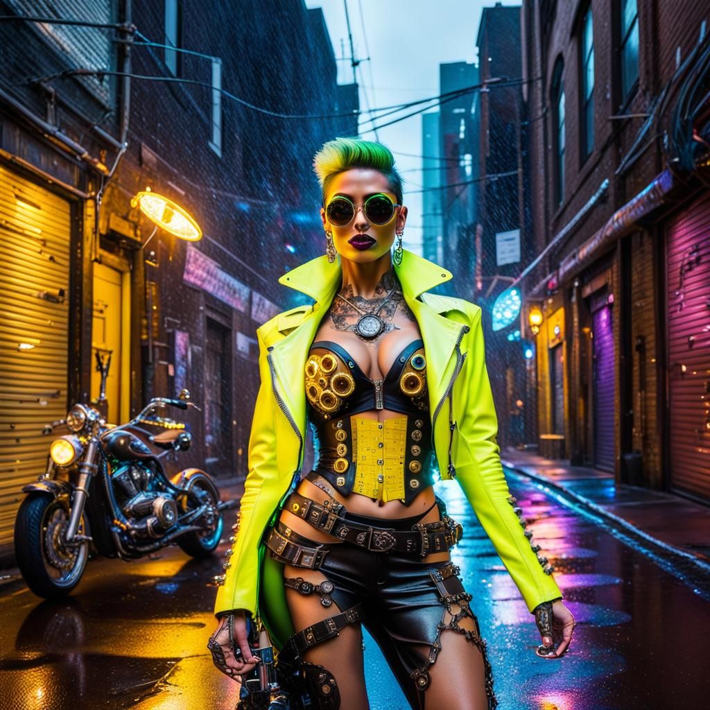 Steampunk Goddess with Neon Tattoos in Rainy City