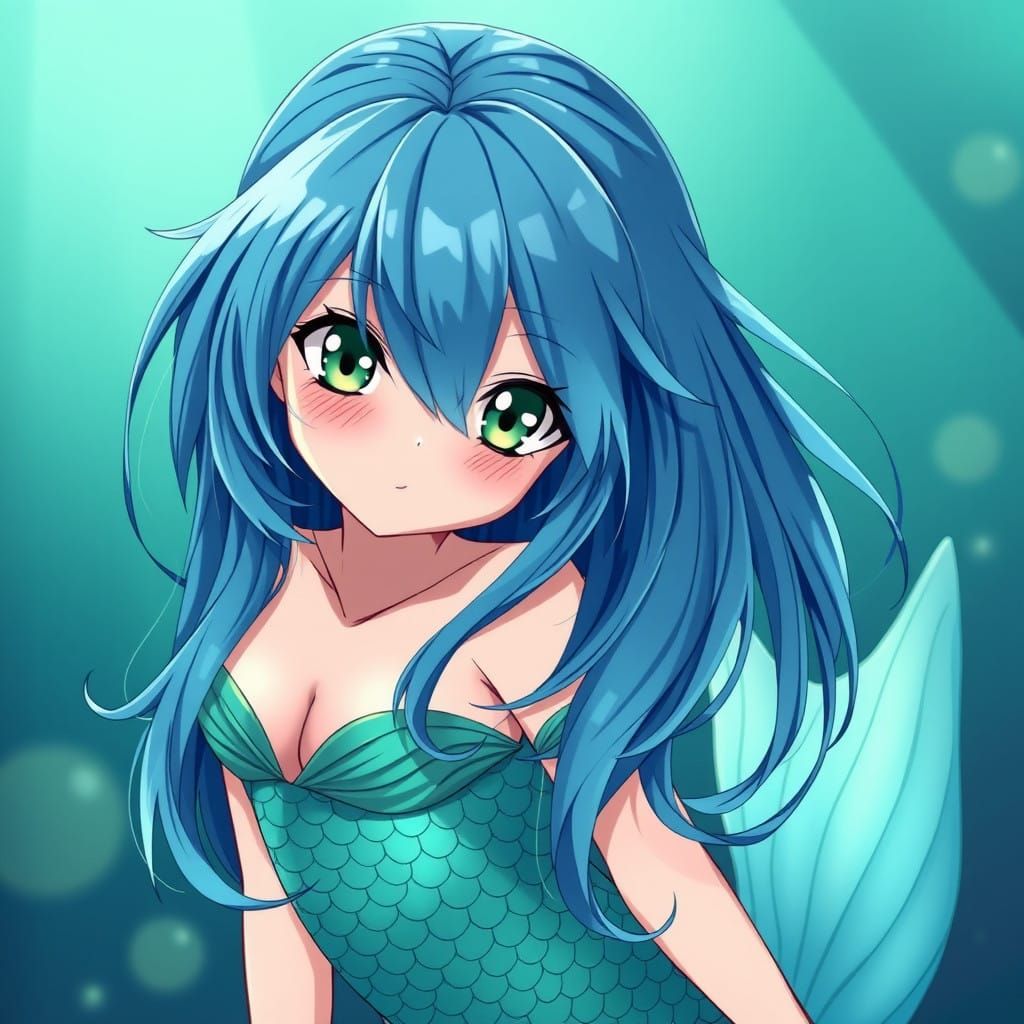 Surreal Blue-Haired Mermaid in Cel-Shaded Anime Style