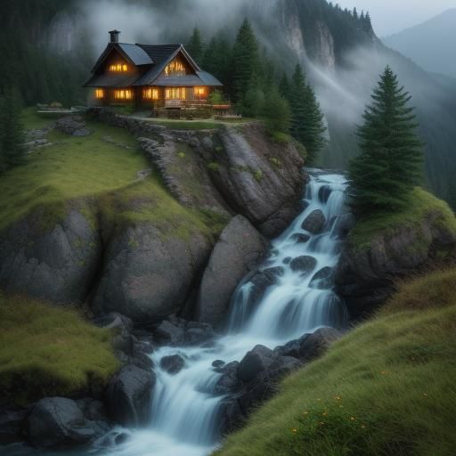 Cozy Mountain House with Waterfall in Natural Light