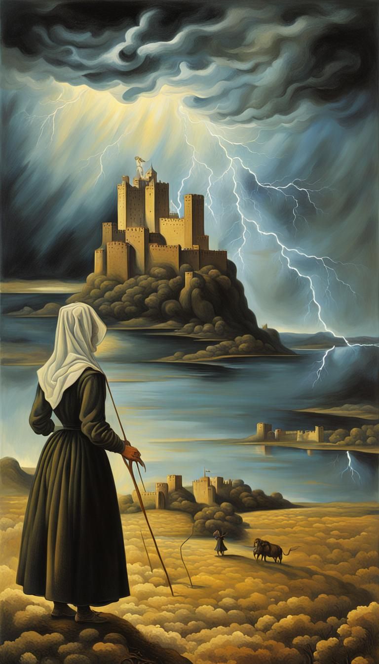 Peasant Woman in Lightning Storm: Surreal Oil Painting