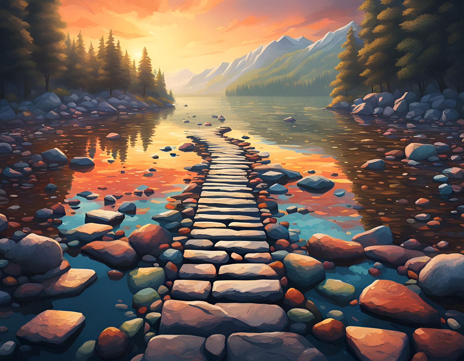 Stone Path Across Lake: Hyperrealistic Splash Art