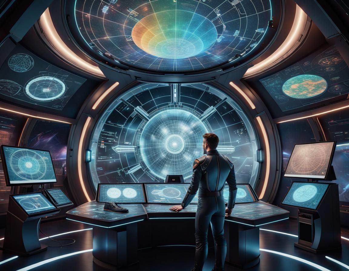 Futuristic Starship Captain Examines Celestial Map
