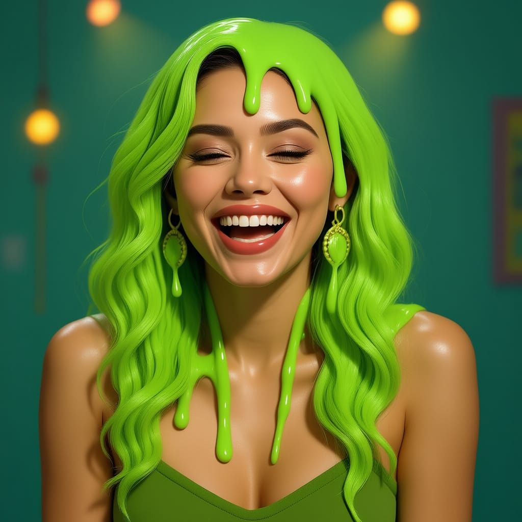 Woman Delighted by Nickelodeon Slime Hair on Game Show