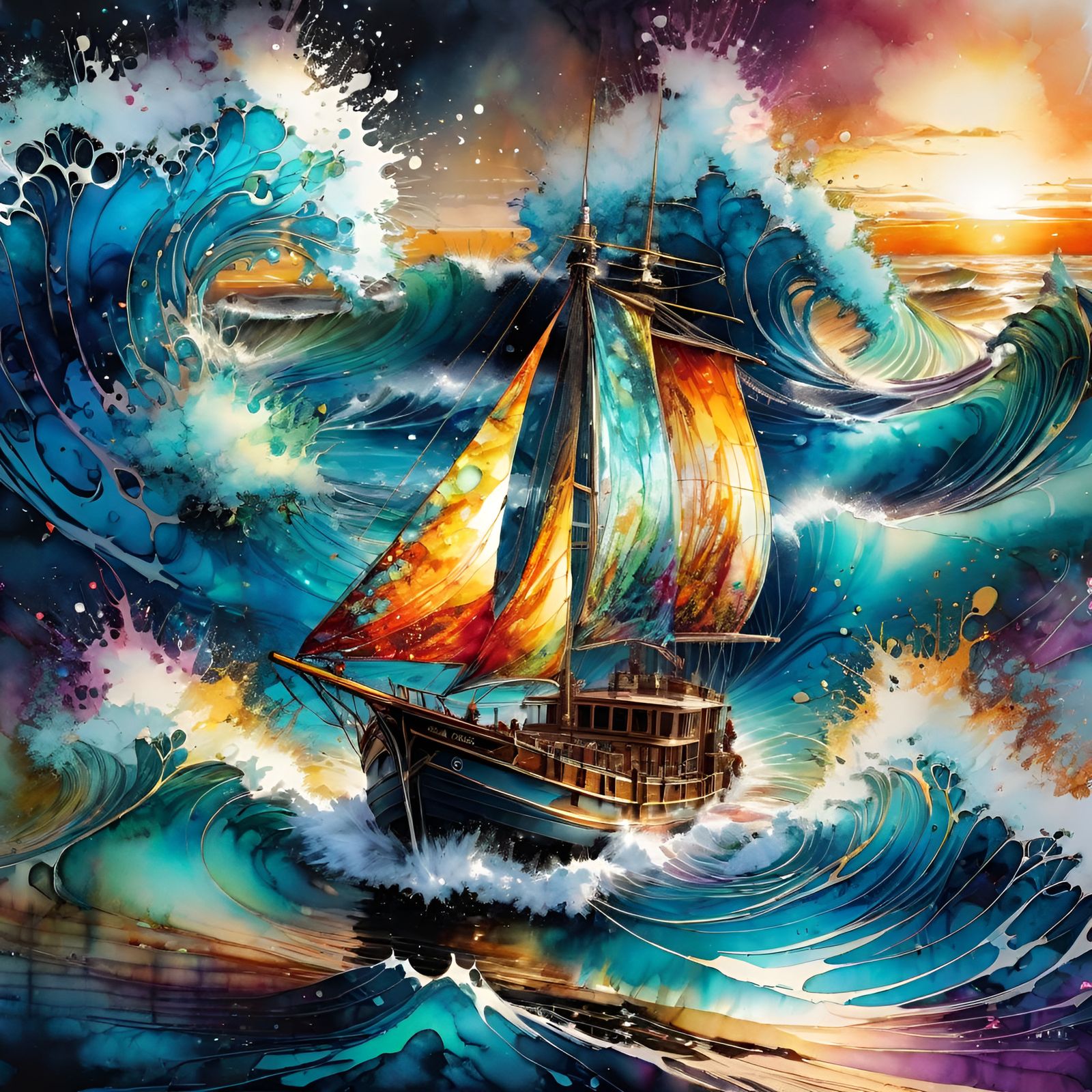 Multicoloured Boat on Ocean in Alcohol Ink Style
