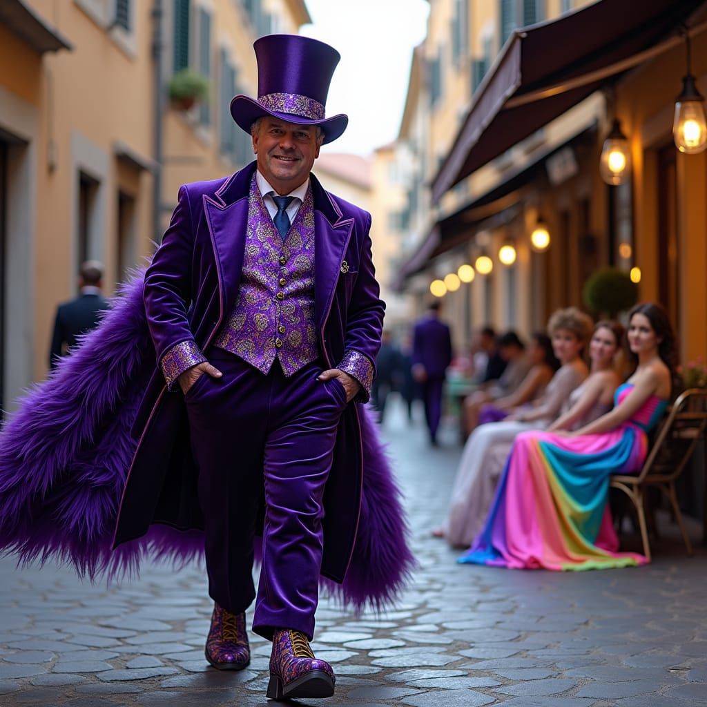 Glam-Futurist Figure in Velvet Suit Strolls Through Village