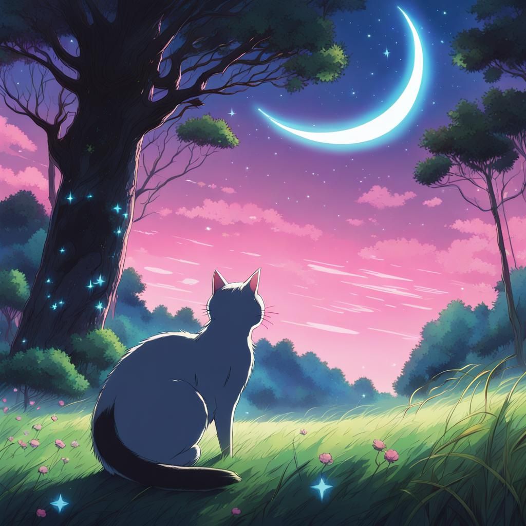 Cat, Ghost, and Moon in Studio Ghibli Style