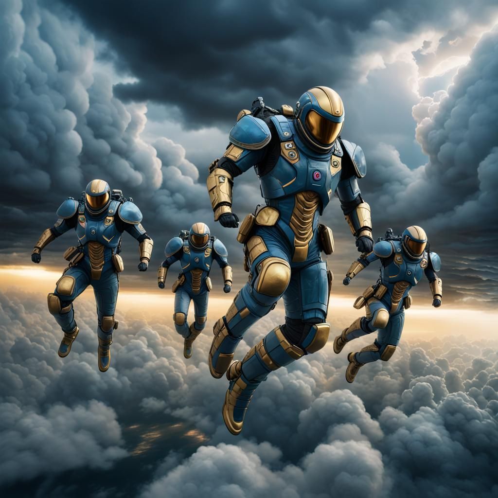 Anti-Gravity Soldier Squadron Ascends in Stormy Sky