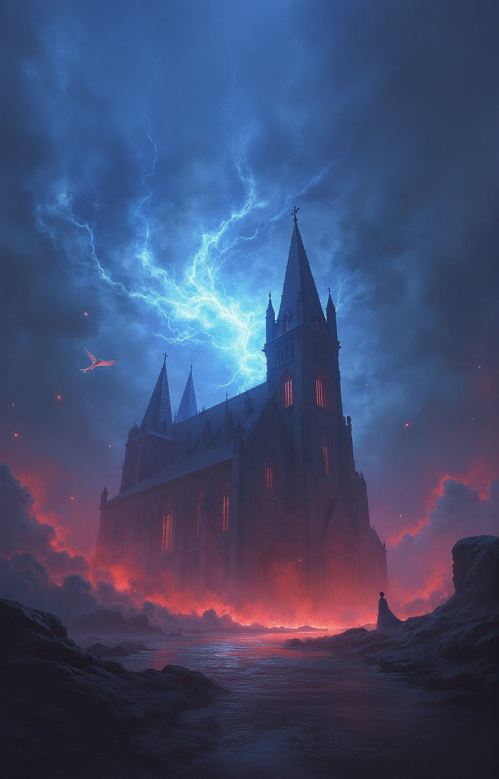 Medieval Church in Magical Power Struggle, Dark Fantasy Art