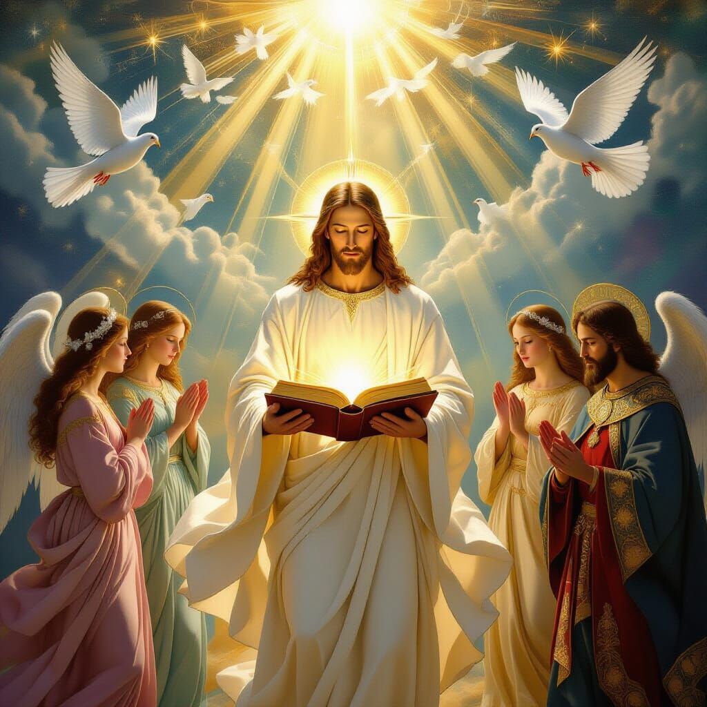 Heavenly Scene: Golden Bible, Jesus, Angels in Botticelli St...