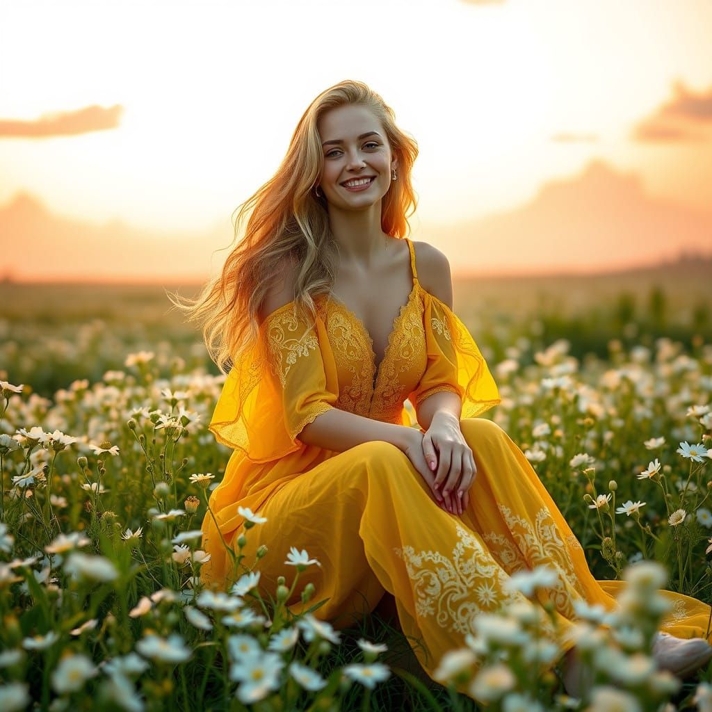 Sun-Kissed Goddess in a Field of White Wildflowers