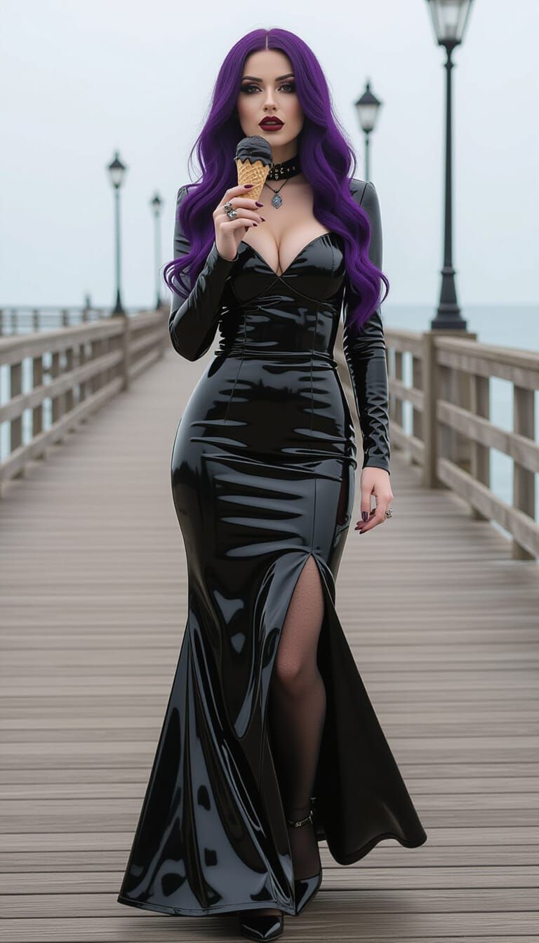 Gothic Woman on Pier with Purple Hair and Black Ice Cream