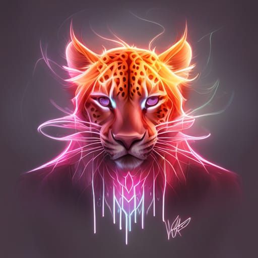 Neon Leopard Portrait in Fantasy Polygon Art Style