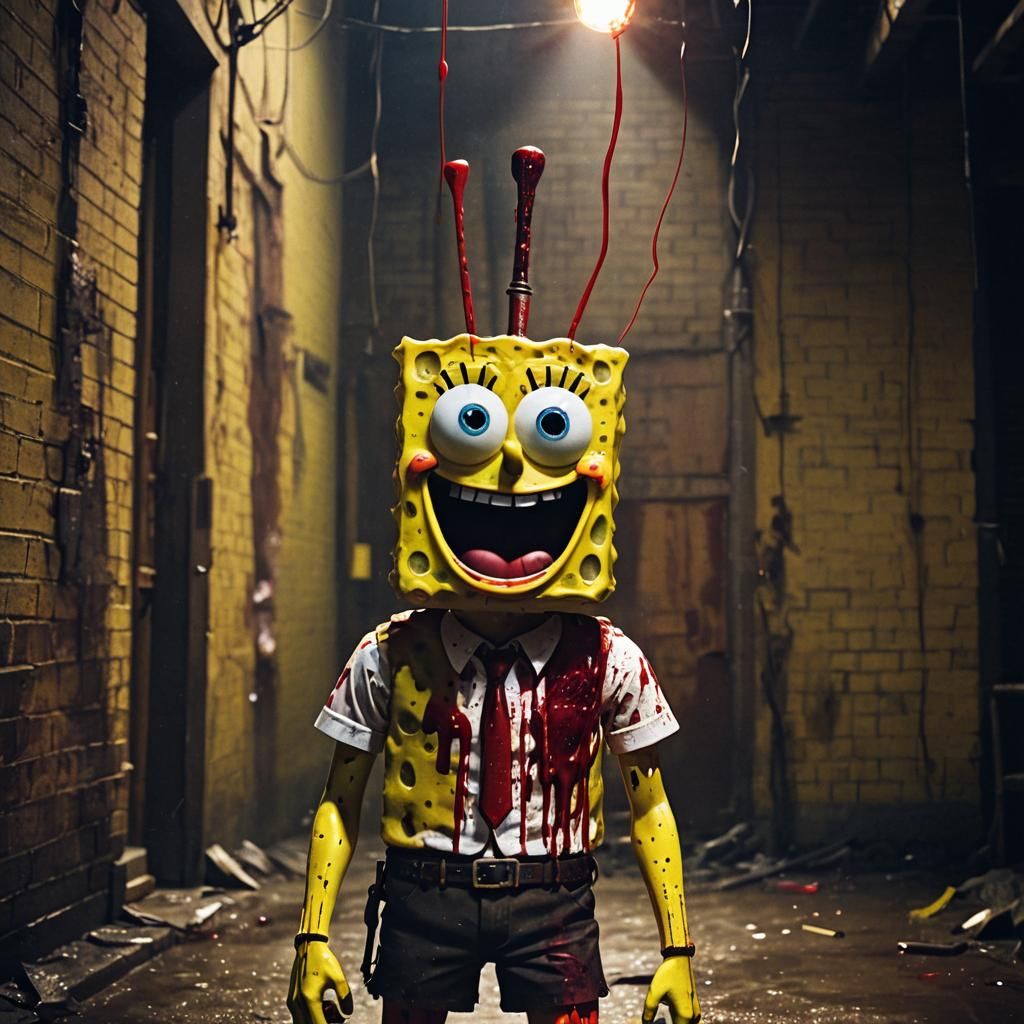 Terrifying Spongebob in a Dark Alley: Cinematic Still