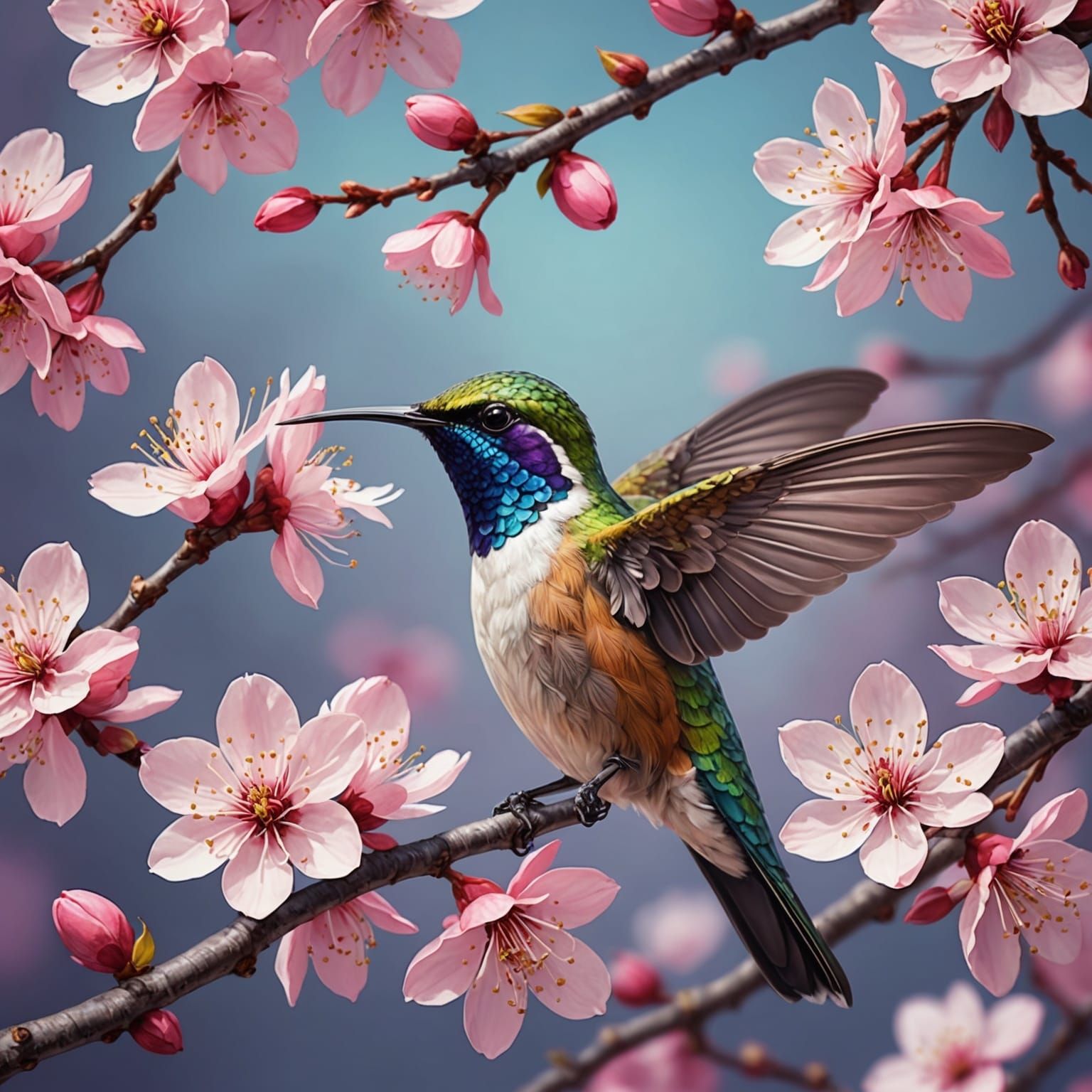 Giant Pink Cherry Blossoms with Hummingbird