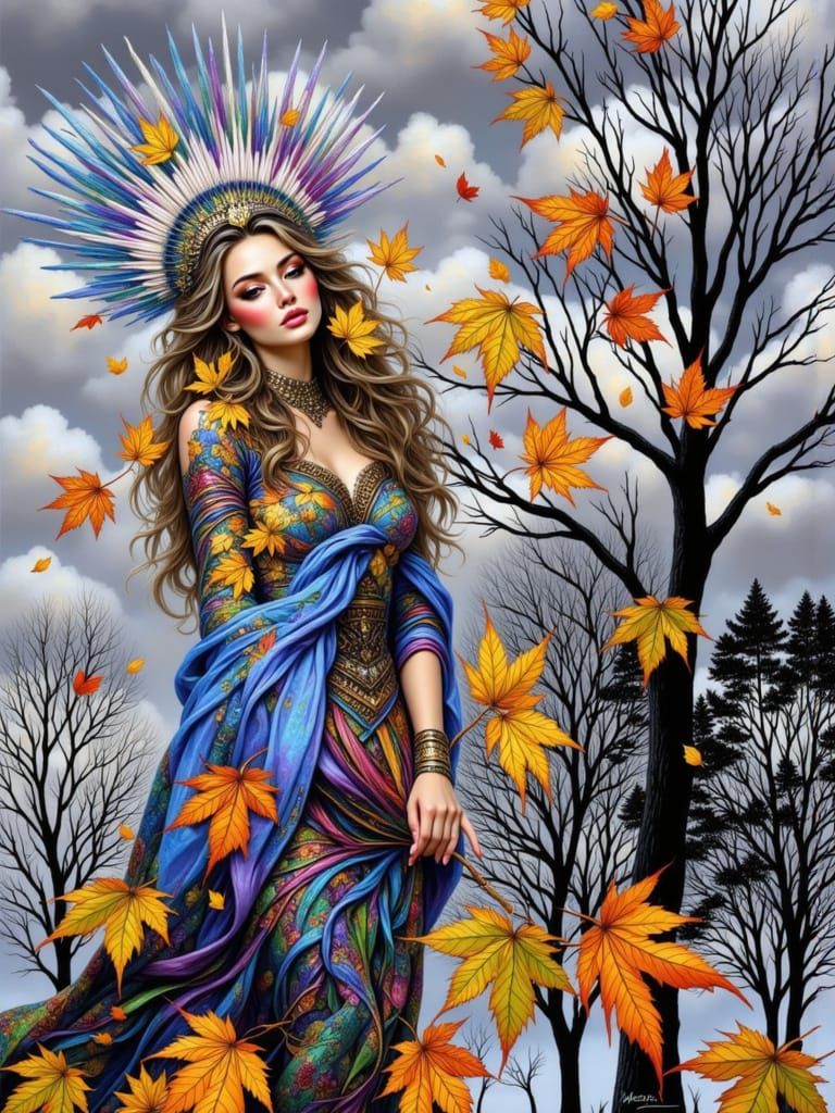 Autumn Goddess Holding Leaf Under Gray Sky
