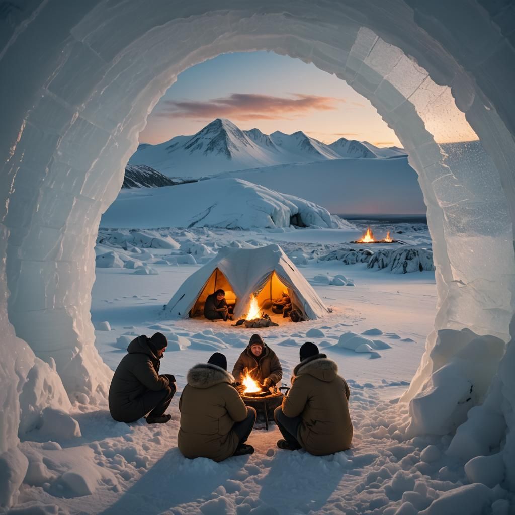 Iglu Campfire with Polar Bear in Snowy Wilderness