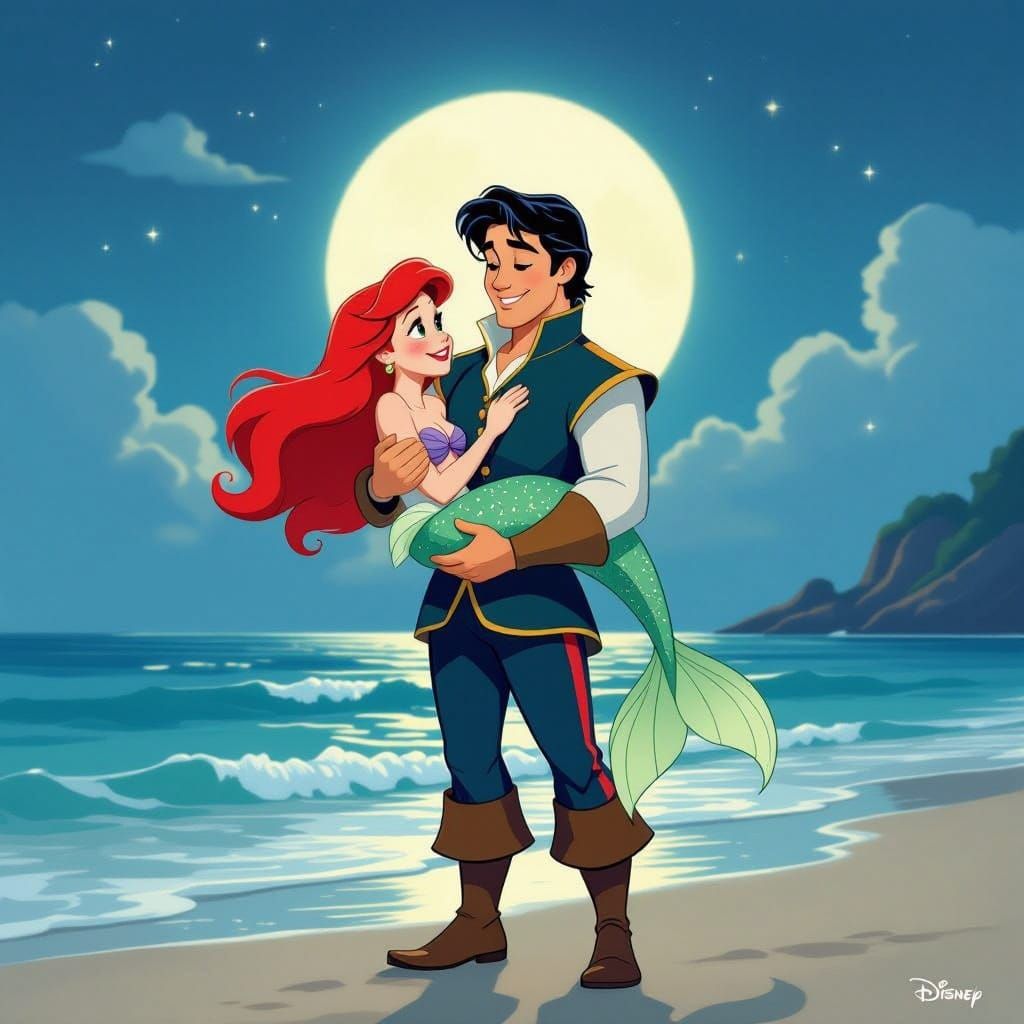 Prince Eric Carries Ariel on Moonlit Beach Cartoon Style