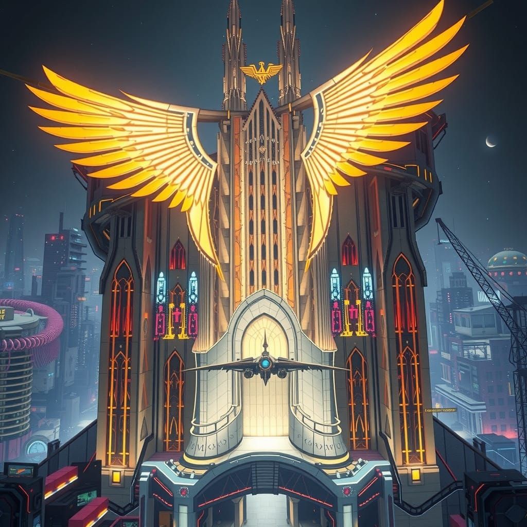 Futuristic Cathedral in Metallic, Concrete, and Glass Style