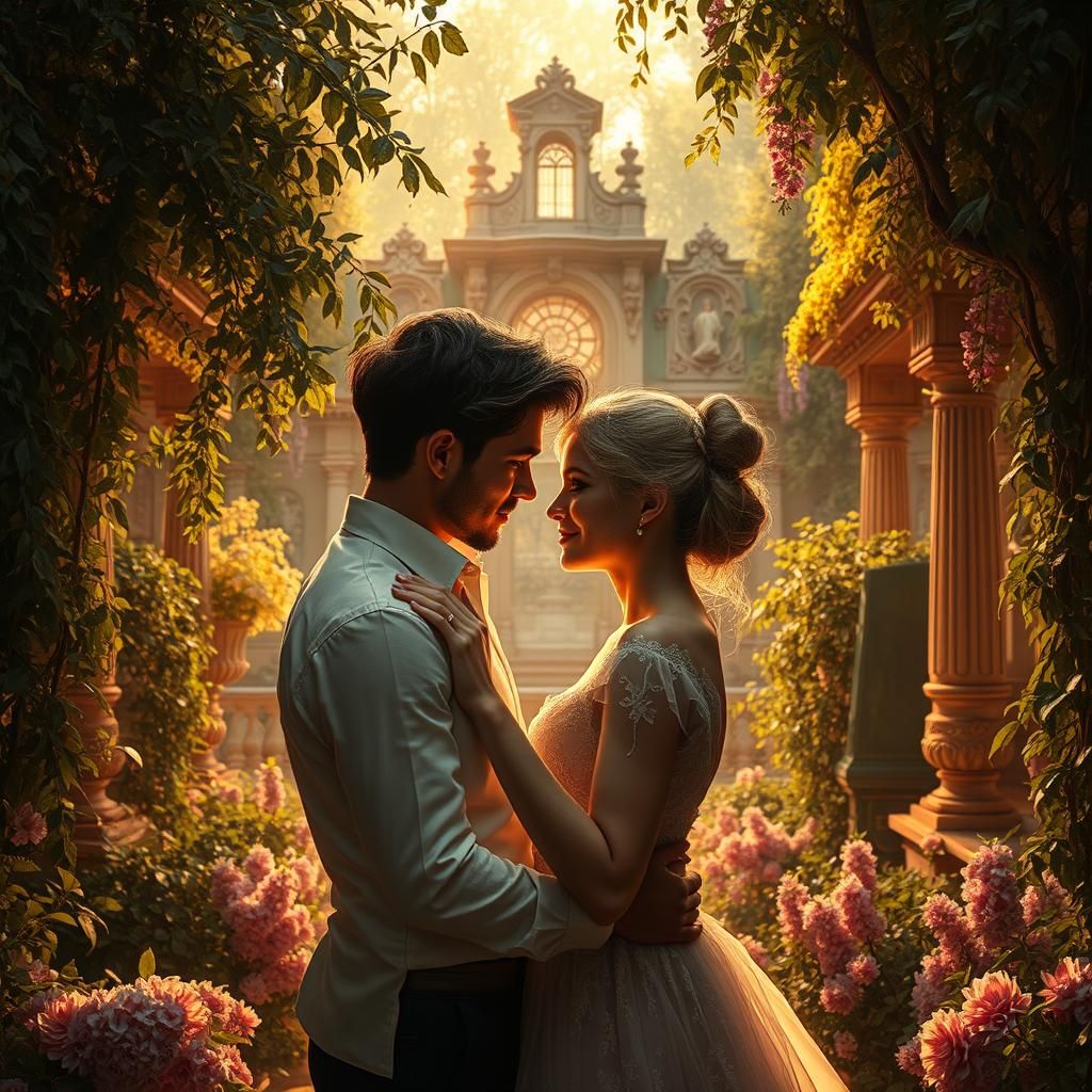Romantic Couple in Baroque Garden: Rococo Digital Painting