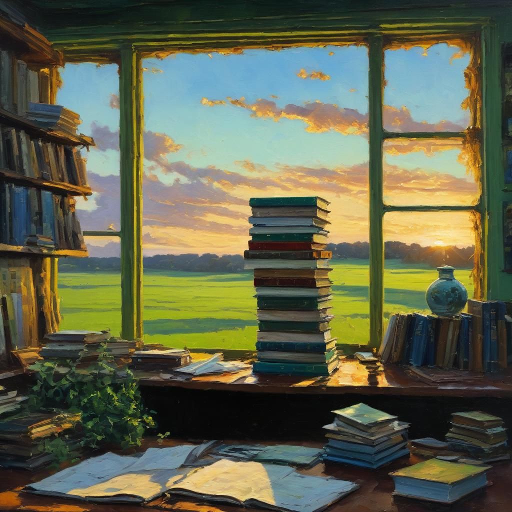 Sunset Desk with Books: Oil Painting