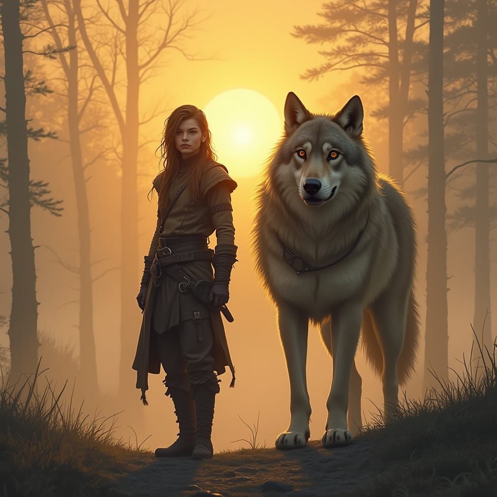 Half-Elf Hunter and Wolf at Dawn