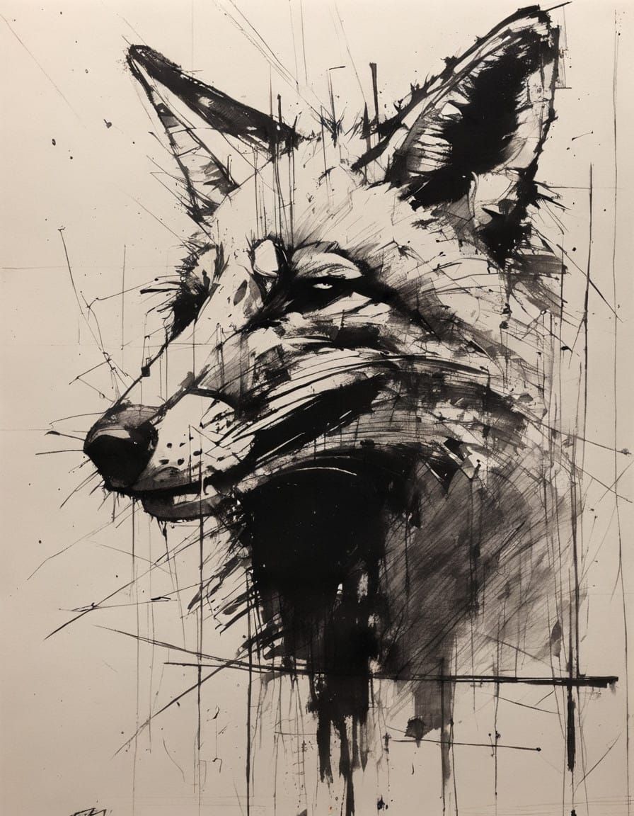 Vibrant Black and White Fox in Impressionist Line Art