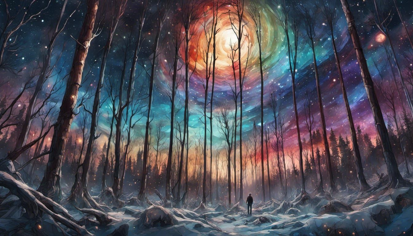 Stained Glass Night Sky Over Winter Forest