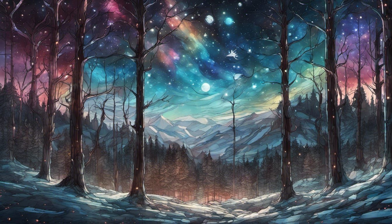 Stained Glass Night Sky over Winter Forest