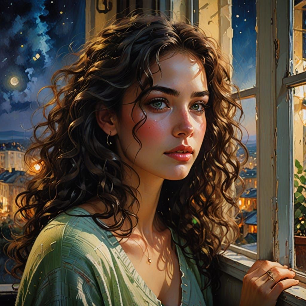 Girl Gazing at Starry Sky Window in Realistic Style