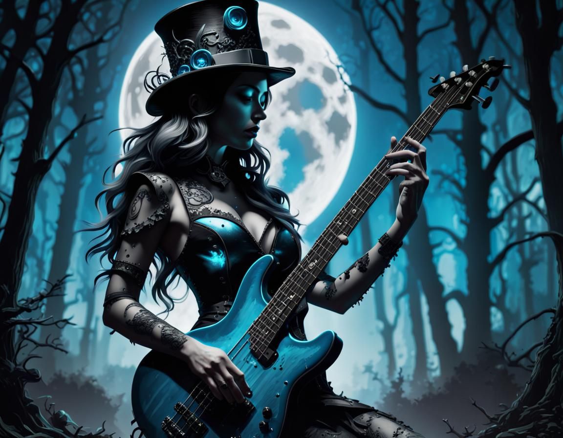 Steampunk Woman Plays Bass Under Neon Moon