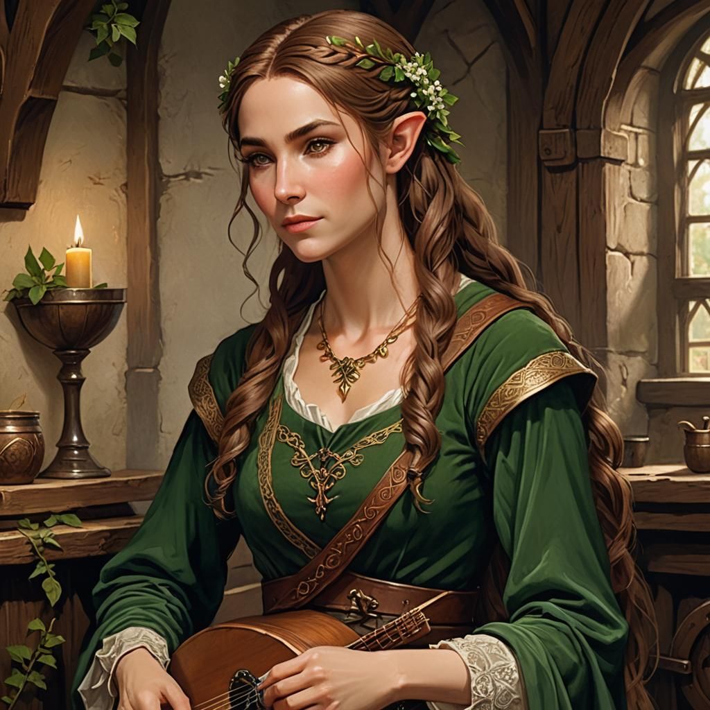 Elven Lady with Lute in Medieval Tavern