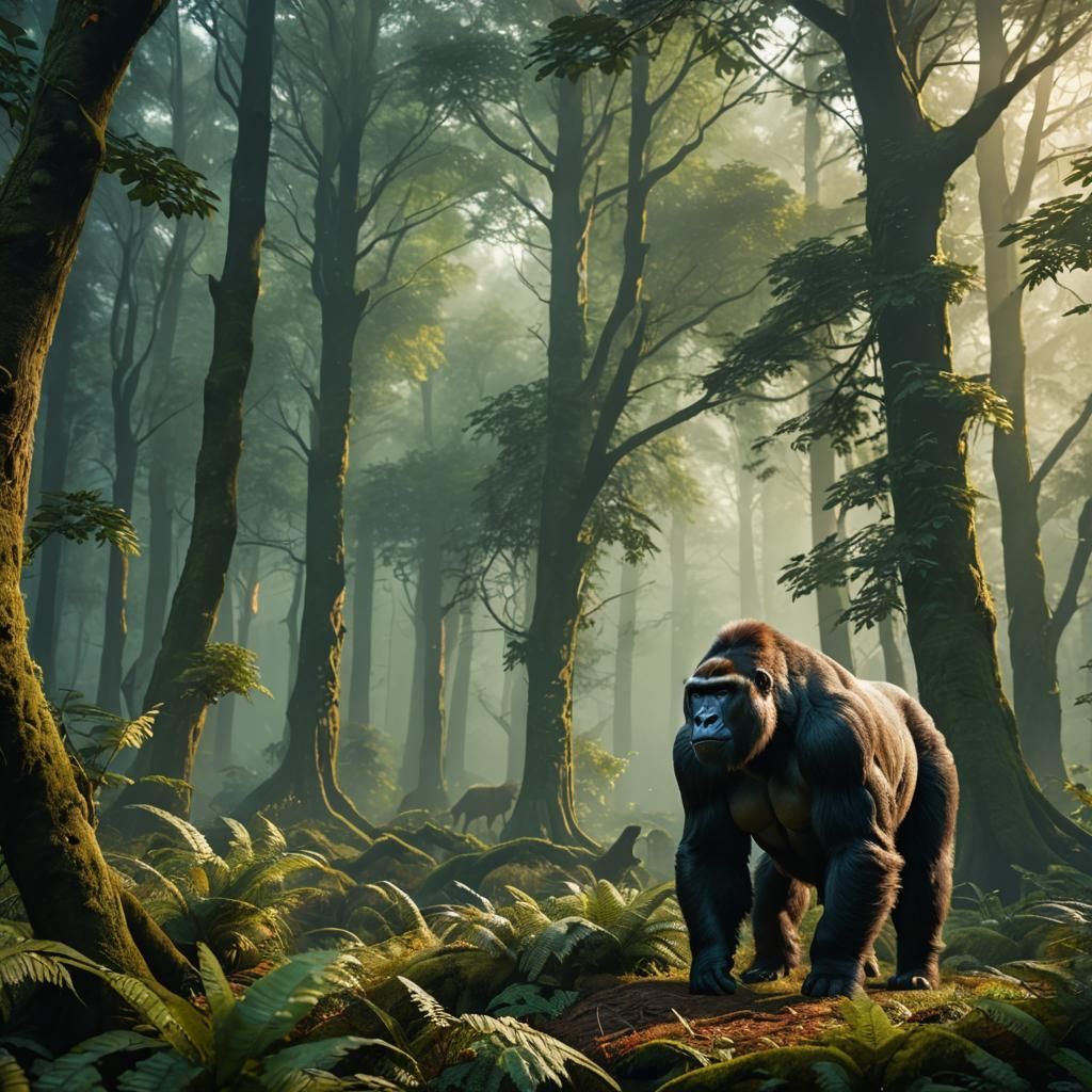 Gorilla-Goat Hybrid in Misty Forest, Digital Art
