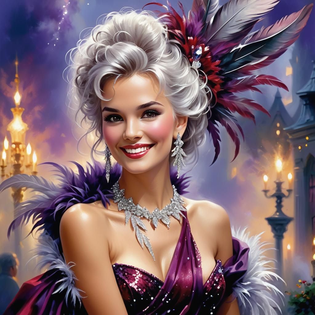 Glamorous Silver-Haired Performer in an Airbrushed Oil Paint...