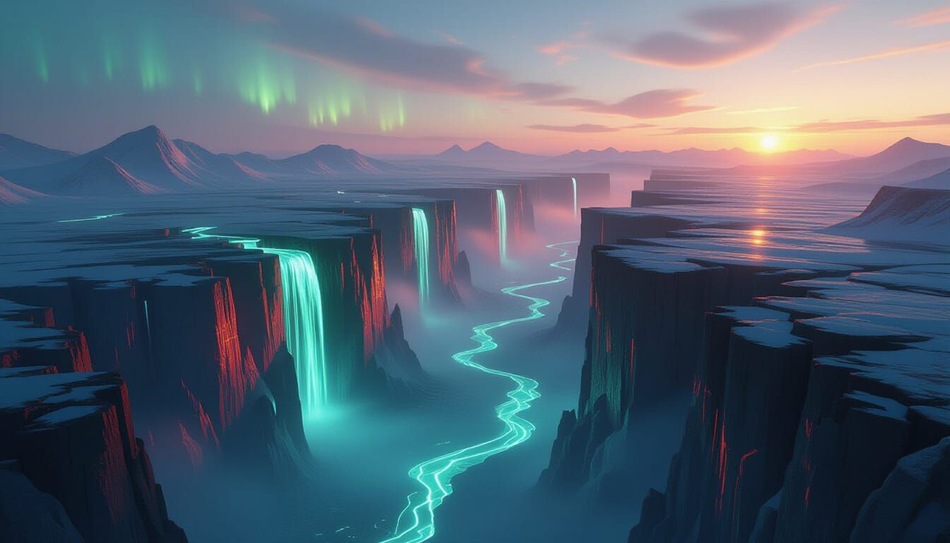 Alien Mesa With Neon Glass Biomes In Twilight Sky